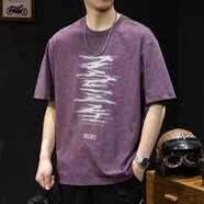 古先森美式潮牌復(fù)古短袖t恤男士2025新款半袖大碼夏季圓領(lǐng)重磅男裝體恤 醬紫色 L 【130-145斤】