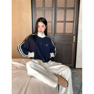 風(fēng)采兔 美式設計感印花撞色拉鏈毛衣女秋冬甜美氣質(zhì)立領(lǐng)寬松開(kāi)衫潮外套 藍色 均碼