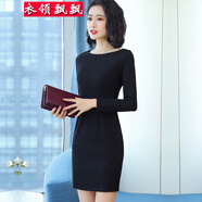 衣領(lǐng)飄飄連衣裙長袖包臀打底裙子ol通勤女裝職業(yè)裝春秋款新款修身顯瘦優(yōu)雅 黑色 M(95-105斤)