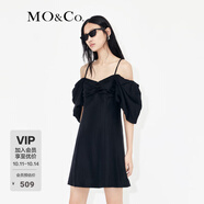 MO&Co.亞麻混紡小飛袖露肩吊帶連衣裙氣質小眾高端裙子 黑色 S 160
