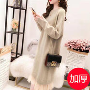 紫昕月中長(cháng)款過(guò)膝毛衣裙女秋冬新款加絨加厚蕾絲拼接寬松長(cháng)袖打底針織衫 杏色 XL 110斤-125斤