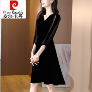 皮爾卡丹（pierre cardin）金絲絨連衣裙子女裝春秋冬季2025年新款高端氣質長袖時尚高貴洋氣 黑色 L