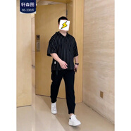 軒森圖（XUANSENTU）微胖男生顯瘦穿搭夏季短袖T恤男條紋連帽半袖體恤寬松大碼胖子潮 黑色T恤+黑色褲子 4XL (190) 建議200-225斤