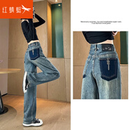 紅蜻蜓窄版闊腿牛仔褲女2025春秋新款高腰垂感顯瘦撞色小個(gè)子女士直筒褲 復古藍長(cháng)褲身高推薦【158-164】 L 【推薦112-125斤】
