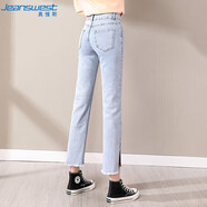 真維斯（JEANSWEST）牛仔褲女2025夏季高腰彈力垂墜感九分煙管褲開叉小個(gè)子淺藍(lán)XL