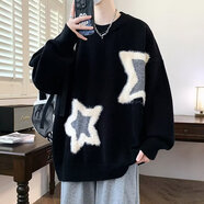衣然呈品毛衣男女秋冬季美式復古斑馬紋潮流寬松休閑打底衣服外套針織衫男 星星款黑色 L【建議100-120斤】