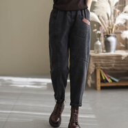 索宛亦（SUOWANYI）2022春秋新款牛仔褲女高腰休閑百搭文藝復古寬松水洗女式哈倫褲 黑灰色6838 XL 建議/125-135斤