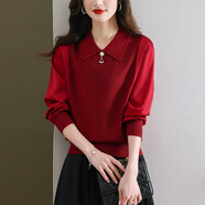 茲奈兒（ZINAIER）針織衫女拼接襯衫上衣春裝新款早春薄款翻領(lǐng)打底衫外套新品 紅色 M （建議100-110斤）