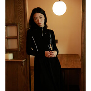 西町村屋（SETIROM）連衣裙女2023冬季法式浪漫設計感拉鏈翻領(lǐng)長(cháng)裙AD8502328 黑色 S