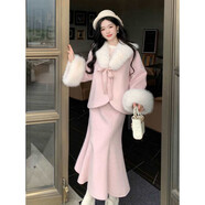 落跑姐妹（Runaway Sisters）櫻雪春祈 氣質(zhì)小香風(fēng)可拆毛領(lǐng)毛呢外套魚尾半身裙甜美毛呢套裝裙 櫻花粉千金感套裝裙 夾棉/毛領(lǐng)可拆 XL
