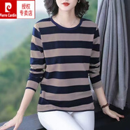 皮爾卡丹（pierre cardin）棉長(zhǎng)袖t恤女2025春秋新款條紋圓領(lǐng)打底衫寬松遮肉上衣 388K卡其色 XL 【120-135斤】