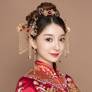 夢(mèng)君宸中式新娘秀禾服頭飾大氣奢華金色流蘇鳳冠霞帔古裝漢服龍鳳褂飾品 百年好合鳳冠+ 耳鉤