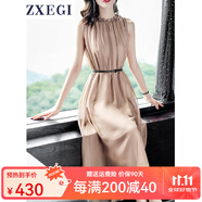 ZXEGI真絲早秋女裝100%桑蠶絲連衣裙夏季收腰中長(cháng)款高檔背心真絲裙子中 香檳色（裙長(cháng)122cm） 均碼