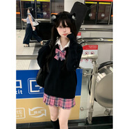 樂卡利V領(lǐng)毛衣女日系JK制服校園風高級純色學院風春裝套頭針織打底衫 黑色 常規(guī) 均碼 【90-130斤】