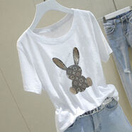 Radinka2026夏新款竹節棉鑲鉆純棉短袖T恤女韓寬松白色上衣HBN 1214#【燙鉆兔子】白色 M 