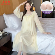 香雅馨韓版帶胸墊長(zhǎng)袖睡裙女春秋夏純棉性感睡衣可愛學(xué)生公主宮廷風(fēng)長(zhǎng)款 B3518淡黃色 L115-130斤