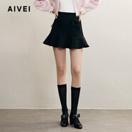 AIVEI欣賀艾薇2024冬季清新甜美A字顯瘦黑色荷葉邊短裙R754501A 黑色 S