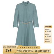 ScofieldScofield女裝法式小高圓領(lǐng)優(yōu)雅通勤七分袖百褶連衣裙氣質(zhì)中長(zhǎng)裙 綠色 M 165