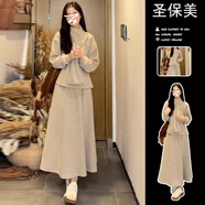 圣保美針織連衣裙女裝秋冬季2025新款新年穿搭高級感氣質(zhì)長(cháng)裙子兩件套裝 燕麥色套裝 S 碼