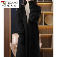 啄木鳥(niǎo)羊絨衫女純山羊絨法式連帽長(cháng)款毛衣開(kāi)衫休閑針織厚外套女秋冬 黑色 2XL建議125-140斤