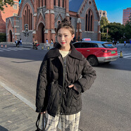 衣彩灣棉服女翻領(lǐng)冬季新款毛線(xiàn)娃娃領(lǐng)短款抽繩收腰氣質(zhì)棉衣小香風(fēng)棉襖外 黑色 M 【100斤內】