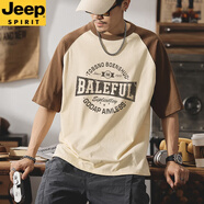 吉普（JEEP）設(shè)計感t恤男生夏日休閑短袖體恤衫夏季美式拼色字母印花圓領(lǐng)男裝 米色咖色 XS 95-120斤