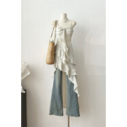 道花途今年流行不規則裙子疊穿褲子荷葉邊吊帶連衣裙女夏海邊前短后長(cháng)裙 圖片色 M