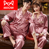 貓人（MiiOW）冰仿真絲女婚慶結婚情侶睡衣長(cháng)袖春秋款男大碼騏驥紅色家居服套裝 金堂玉馬秀紅色 L 女