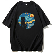 OLOEYThe Starry Night 梵高星空貓喵星藝術(shù)畫(huà)正肩T恤小眾寬松男女夏季 51837黑色短袖T恤 M