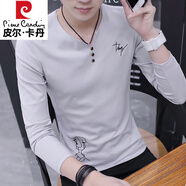 皮爾卡丹（pierre cardin）V領(lǐng)長(cháng)袖t恤男秋冬季打底衫修身內搭體恤秋裝上衣加絨加厚衛衣 670灰色 180/2XL【適合135-155斤】