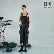 日著設(shè)計(jì)師原創(chuàng)女裝2024夏季新款寬松輕薄拼接冰麻吊帶長連衣裙子 影黑 M