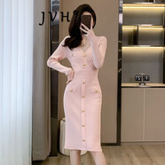 JVH香港潮牌小香風(fēng)針織連衣裙女 2024秋冬新款V領(lǐng)收腰顯瘦內(nèi)搭包臀裙 粉紅色 6038# L