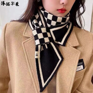 沐銘爾萊絲巾女年輕韓版針織毛線(xiàn)2021春秋交叉短款小圍巾禮品女冬季脖套護頸圍脖百搭 長(cháng)條--棋盤(pán)格-黑米