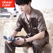 有趣熊睡衣男春秋夏季男士絲綢大碼仿真絲春秋長(cháng)褲簡(jiǎn)約休閑家居服套裝秋 NSLQ-【半袖長(cháng)褲】-維蜜絲-咖啡 男-XL(170-178cm，120-140斤)