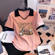 妃麗慕尚大碼女裝polo領短袖t恤女夏季200斤胖mm時尚刺繡寬松顯瘦遮肉上衣 148粉色 2XL 建議130-150斤
