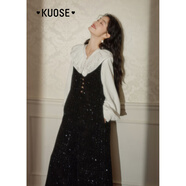 闊色（kuose）小香風(fēng)細(xì)閃背心連體褲休閑褲女秋冬新款黑色闊腿褲長褲子 黑色 27/M