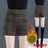 范哲莎格子短褲女加絨加厚外穿秋冬新款高腰寬松毛呢松緊腰女士短褲 格子短褲(加絨加厚) 4XL 32140-150斤左右