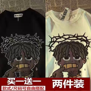 曼迪尚短袖t恤男夏季薄款美式復古寬松大碼卡通人物印花情侶打底衫上衣 兩件裝【黑色+杏色】 XL