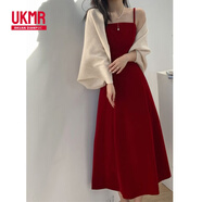 UKMR2025夏季新款連衣裙女柔美優(yōu)雅修身收腰顯瘦絲絨吊帶裙 濃郁紅 裙 S 建議90斤內(nèi)