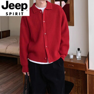 JEEP SPIRIT秋冬季翻領(lǐng)針織衫開衫外套男毛衣韓版男裝潮流休閑韓國(guó)上衣 紅色 2XL