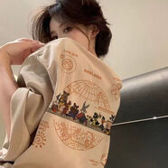 純棉小眾多巴胺短袖女美式復古t恤2024夏新款歐美潮牌寬松潮上衣 卡其色 M