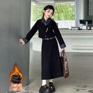 亨比品質(zhì)童裝秋冬女童加絨套裝兒童牛仔拼接套裝裙女孩假兩件牛仔長(cháng)裙 黑色 140 碼適合身高1米35左右