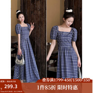 茵曼（INMAN）章若楠同款法式方領(lǐng)格紋連衣裙2025夏季新品女裝泡泡袖裙子 藏青 L