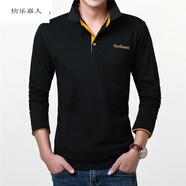 快樂(lè)嘉人 長(zhǎng)袖t恤男士中年純色翻領(lǐng)商務(wù)POLO領(lǐng)衫2022春秋季新款爸爸裝打底 黑色橘領(lǐng) 2XL
