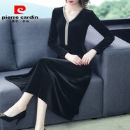 皮爾卡丹金絲絨洋裝子女士春秋時尚2025年新款媽a媽小個子氣質(zhì)打底中長裙 黑色《別致漂亮女神范今年流行氣 XL (120-135斤)