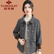 俞兆林（YUZHAOLIN）中老年女春秋裝短款格子外套洋氣新款中年媽媽秋裝休閑毛呢子上衣 黑格 XL (參考90-105斤)