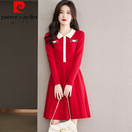 皮爾卡丹（pierre cardin）洋氣小香風(fēng)娃娃領(lǐng)毛衣裙寬松顯瘦中長款打底裙針織衫時髦百搭裙子 紅色 M