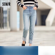 森馬（Semir）[商場同款]牛仔褲女拼接九分褲2024春季新款毛邊小直筒褲復(fù)古牛仔黃泥染8032528
