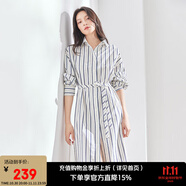 艾萊依（ERAL）裙子女藍色連衣裙新款女夏季長袖氣質(zhì)優(yōu)雅襯衫裙時尚收腰長裙 白底條紋 M 160/84A