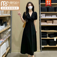 莫代爾法式赫本風(fēng)連衣裙大碼微胖mm顯瘦v領(lǐng)長(cháng)裙子夏季新款收腰小黑裙女 黑色長(cháng)款 2XL 【建議140-160斤】